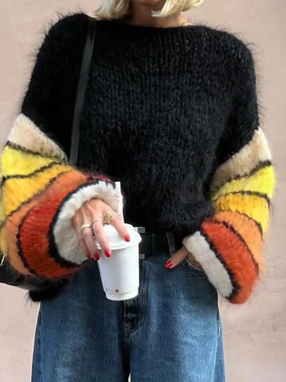 Cozy Color block Crew neck Fuzzy Loose Fit Sweater Top